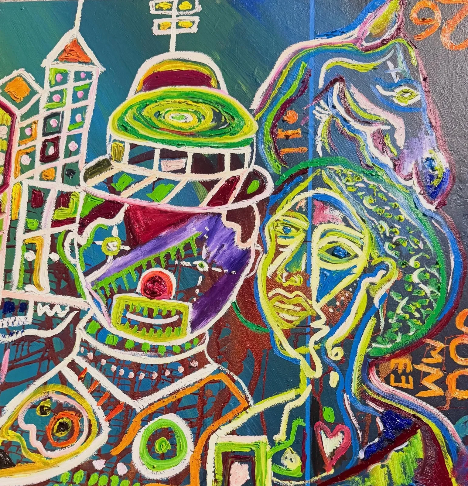 Close crop of an oil piece -- a hat with a green spiral, city towers, thick ridges of paint