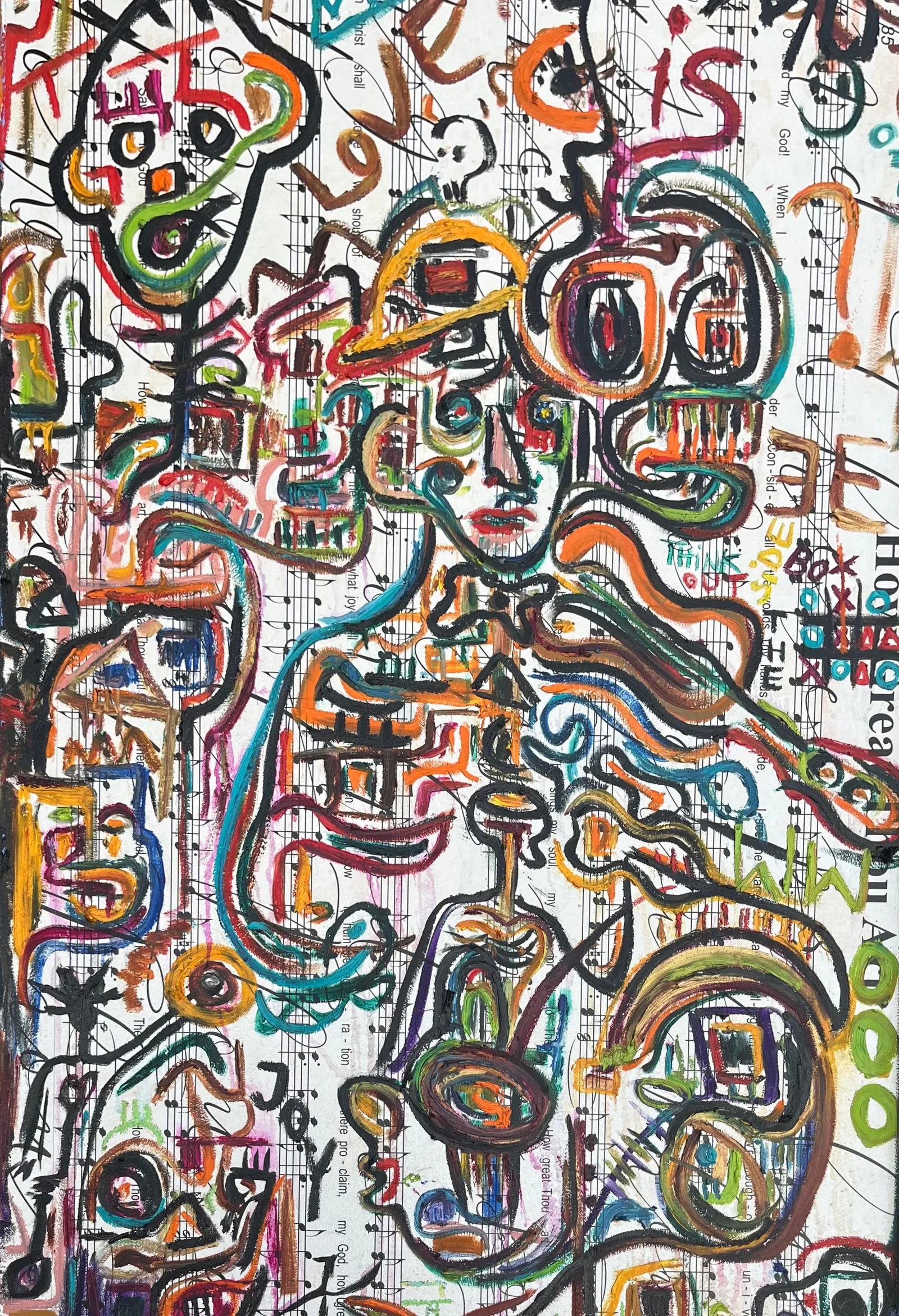 Love Is, oil stick and acrylic on hymn sheet music, 24 x 36 in / 61 x 91 cm